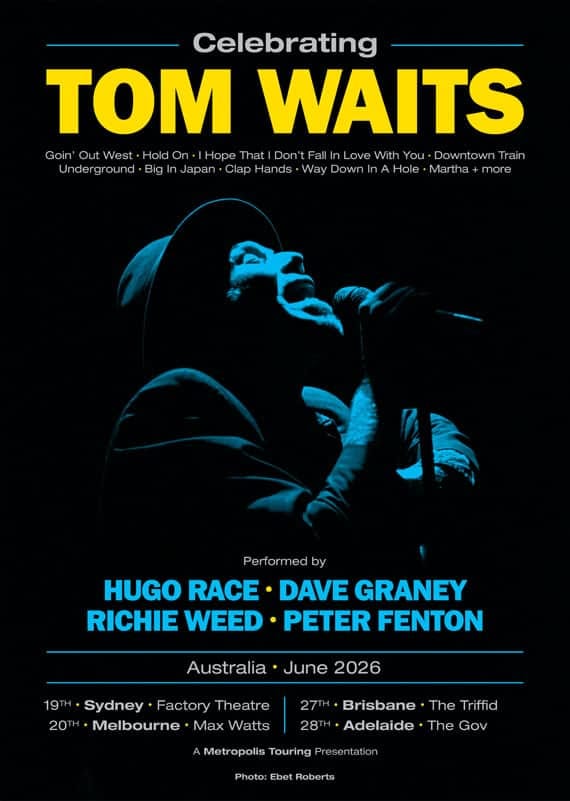 Silhouetted figure in blue stage lighting against black background, promoting a Tom Waits celebration tour across Australian cities.