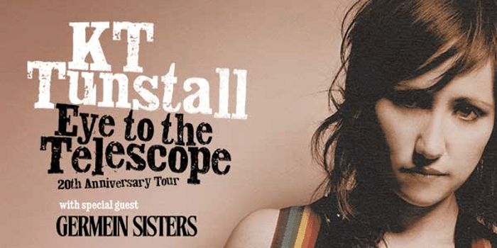 KT Tunstall promotional poster for Eye to the Telescope 20th Anniversary Tour featuring the artist's portrait and event details.