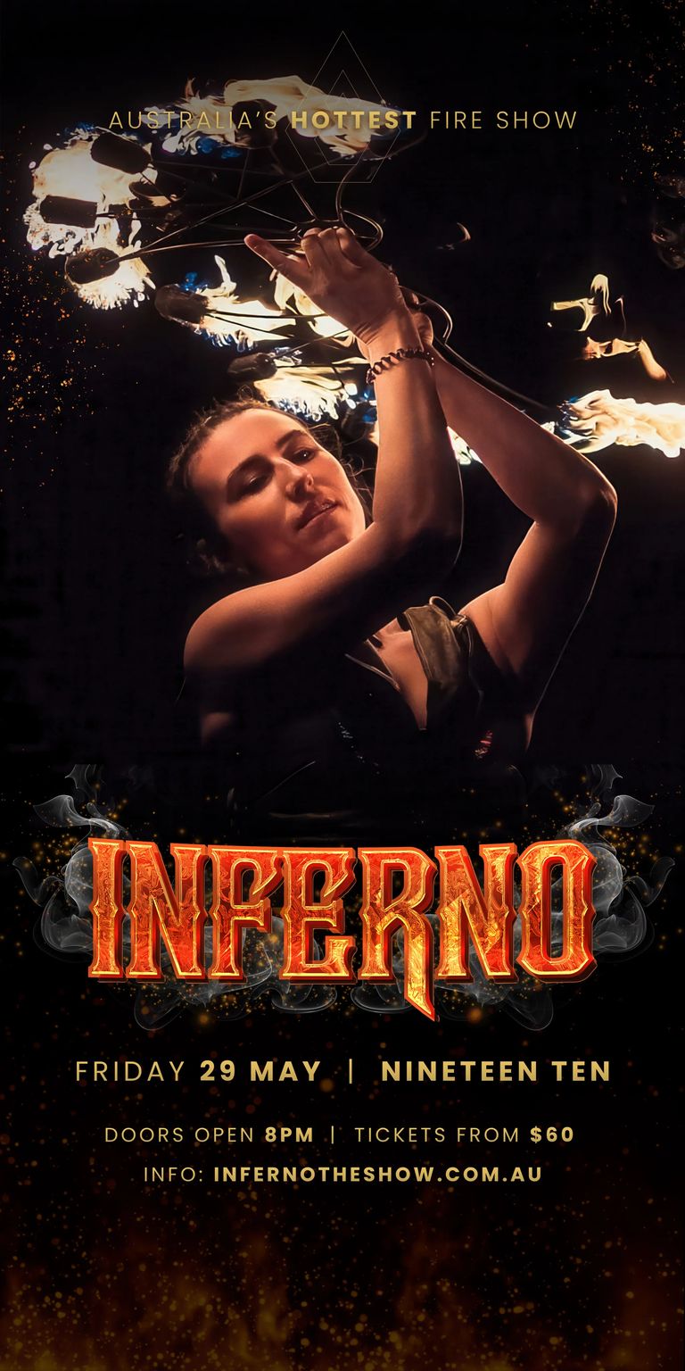 Performer holding flaming fire poi against dark background with orange "Inferno" title text below.