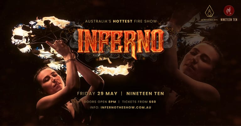 Performer holds flaming torch against dark background with "Inferno" title and event details overlay.