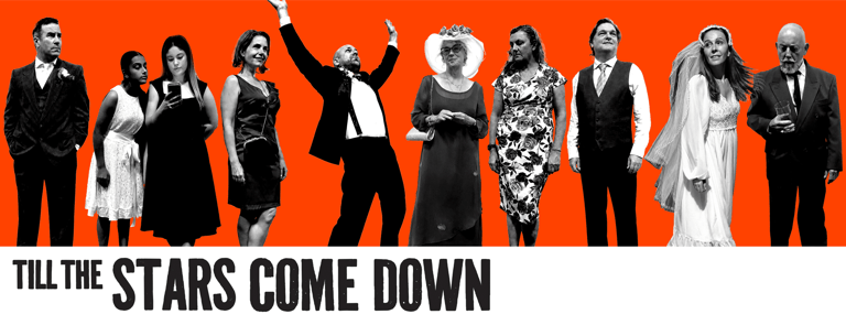 Ten performers in formal attire stand against a vibrant orange background for the production "Till The Stars Come Down".