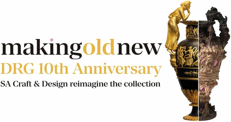Ornate gold and black decorative urn against white background with "making old new" text and DRG 10th Anniversary branding.