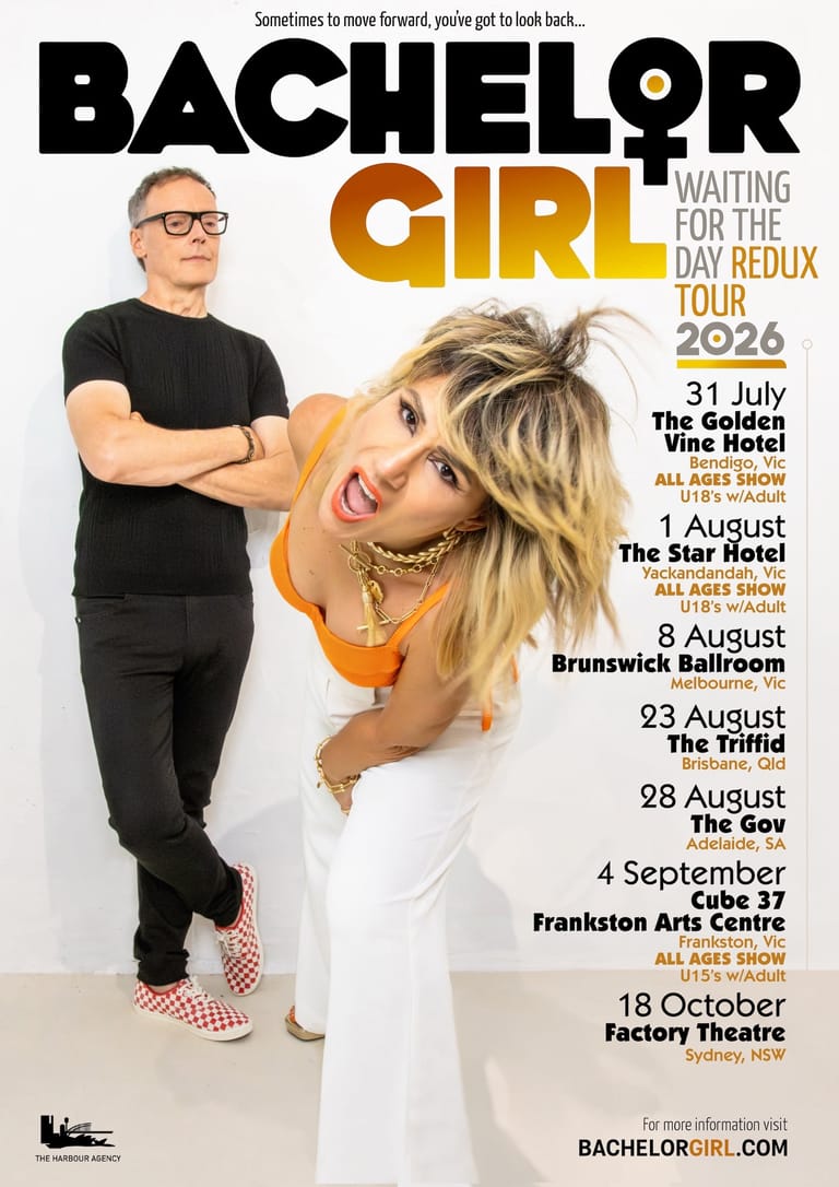 Man in black clothing and woman in orange dress pose playfully for Bachelor Girl's "Waiting for the Day Redux Tour 2026" promotional poster.