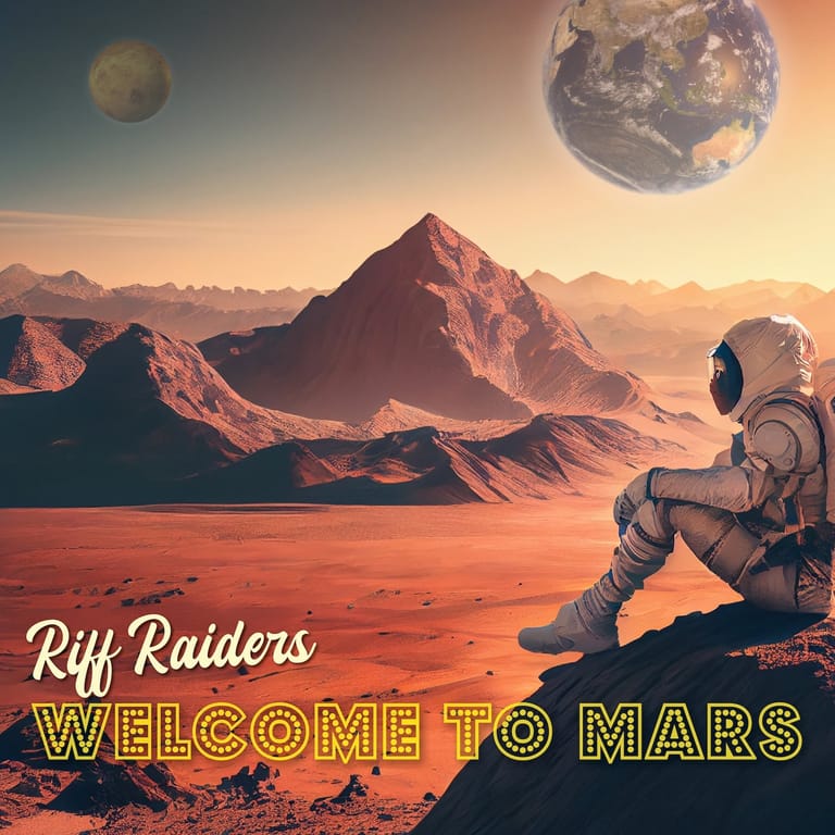 Astronaut seated on rust-coloured desert terrain gazing at towering mountains beneath twin planets in orange-hued alien landscape.