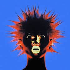 Black silhouette with spiky orange and red hair against bright blue background, face paint glowing yellow.