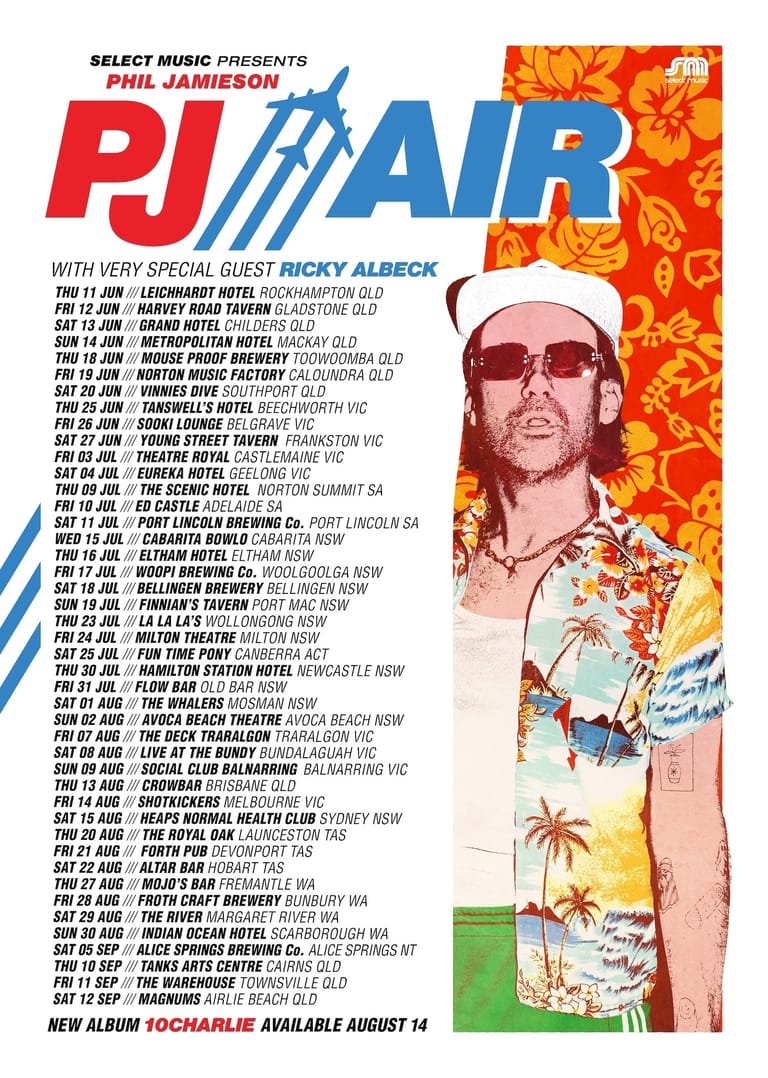 PJ Maroon tour poster featuring a man in sunglasses and white cap against a vibrant orange and yellow floral background.