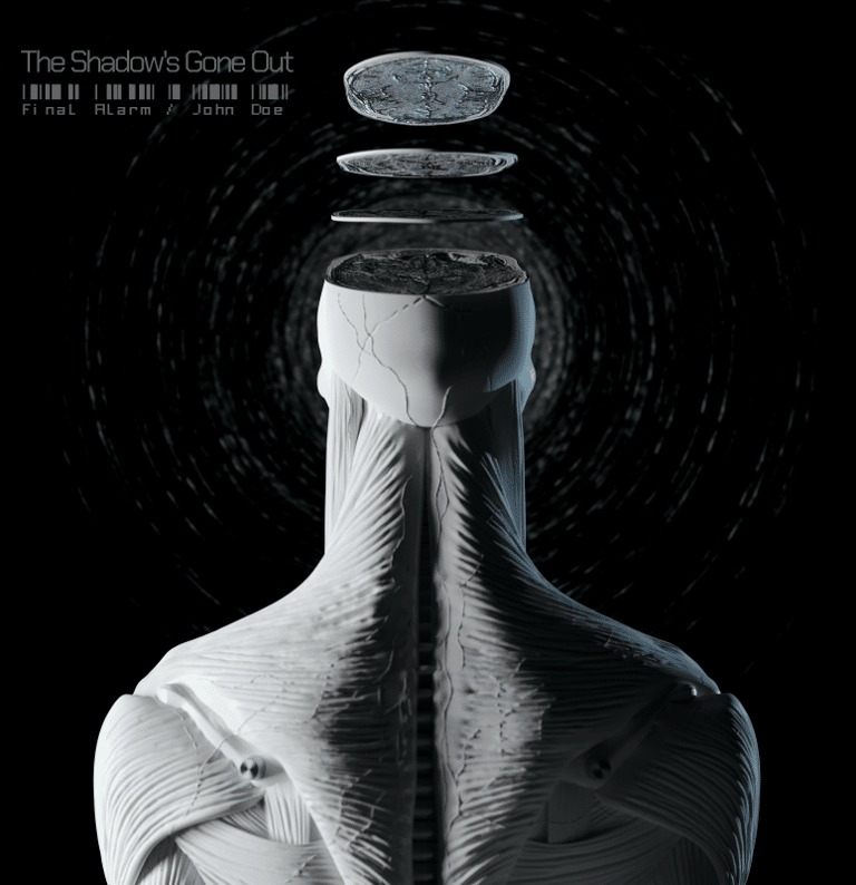 White sculptural figure against black background with floating circular elements above head, titled "The Shadow's Gone Out".