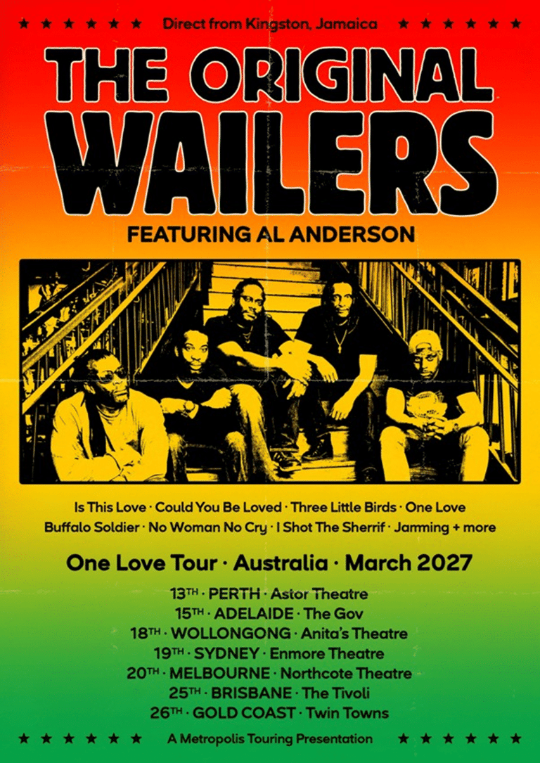 Five musicians seated on wooden steps against a yellow backdrop, promoting The Original Wailers tour across Australian cities in March 2027.