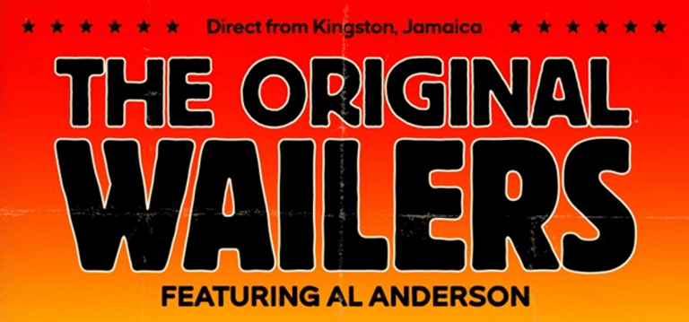 Bold red and orange promotional banner for The Original Wailers tour featuring Kingston, Jamaica, with black text.