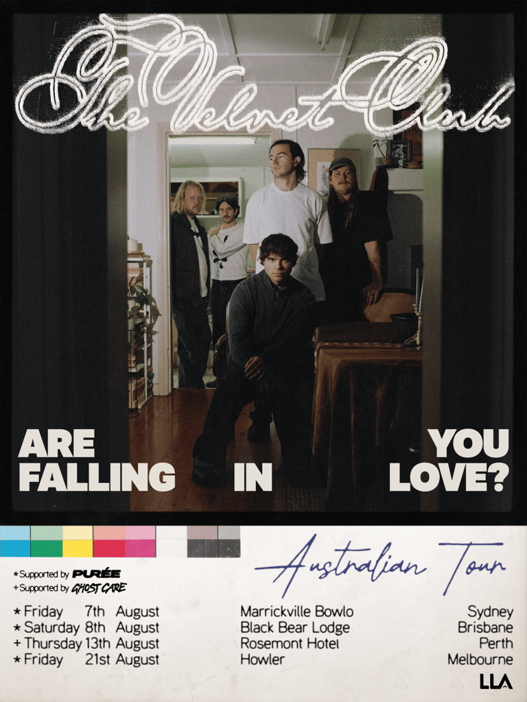 Five band members posed in an indoor space beneath a neon sign reading "Oke Okat Club," with tour dates listed below.