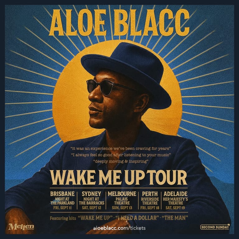 Man wearing sunglasses and black fedora against golden sunburst on blue background for Aloe Blacc Wake Me Up tour poster.