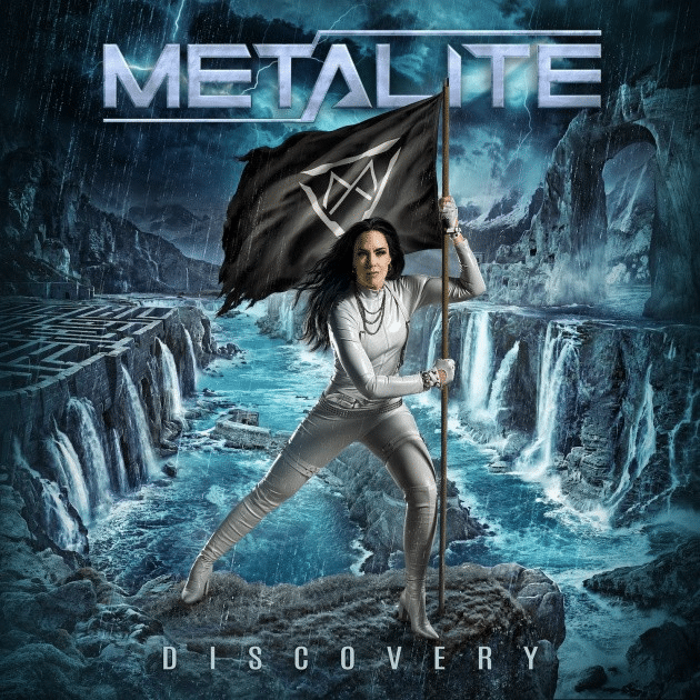 Figure in white outfit holding occult-symbol flag in icy landscape for Metalite's Discovery album cover.