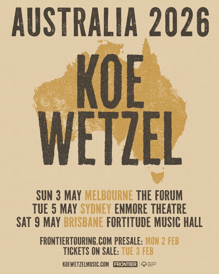 Gold map of Australia with "Koe Wetzel Australia 2026" tour dates listed for Melbourne, Sydney and Brisbane venues.