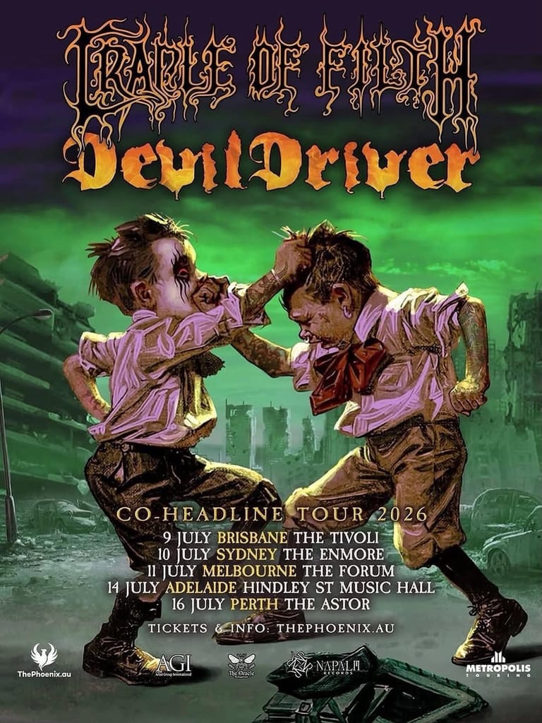 Two tattooed figures in pink shirts face each other against a green cityscape backdrop for Cradle of Filth and DevilDriver's 2026 tour poster.