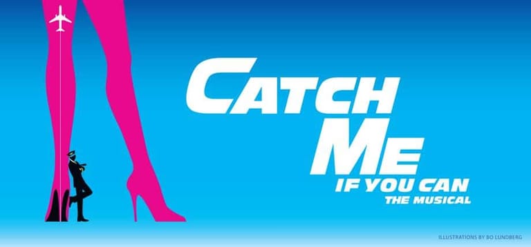 Two silhouetted figures stand before towering pink and blue geometric shapes with "Catch Me If You Can" musical title text.
