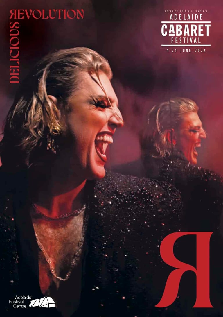 Two performers in black sequined outfits with bold makeup expressions against a deep red-lit stage backdrop for Adelaide Cabaret Festival.