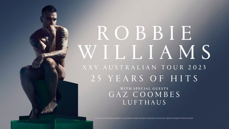 Man seated on a pedestal in dark lighting with tour text overlaid, promoting a 2023 Australian anniversary tour.
