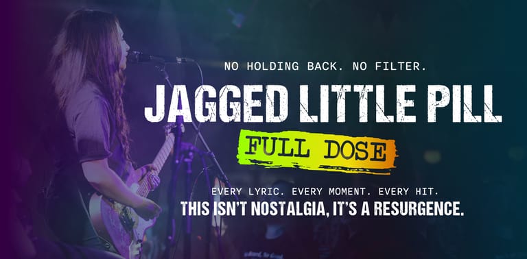 Jagged Little Pill promotional image featuring a performer with guitar under purple stage lighting and text overlay.