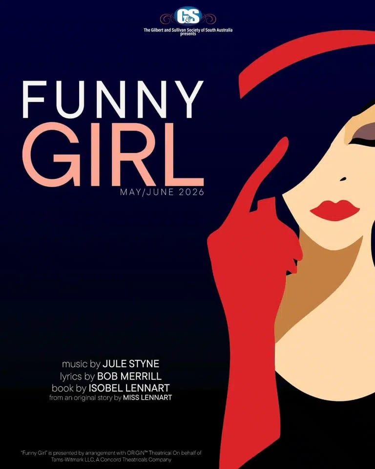 Stylised illustration of a woman's face in profile wearing a red hat against a dark background, with "Funny Girl" text and May/June 2026 dates.