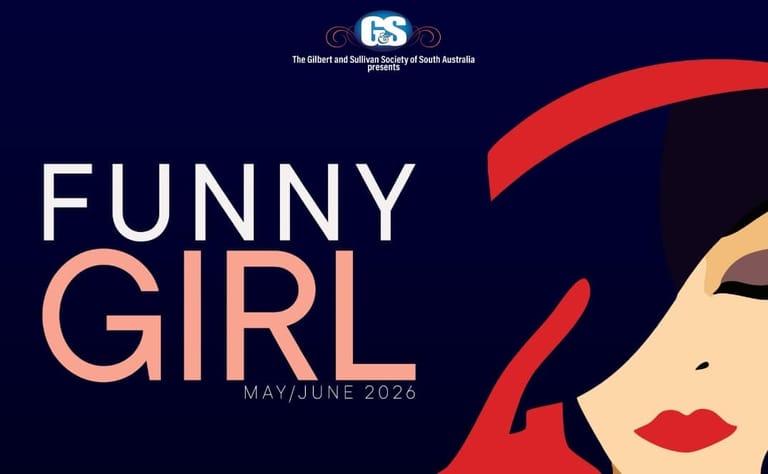 Theatre production poster for Funny Girl showing stylised woman's face in profile with red hair and lips against dark blue background.