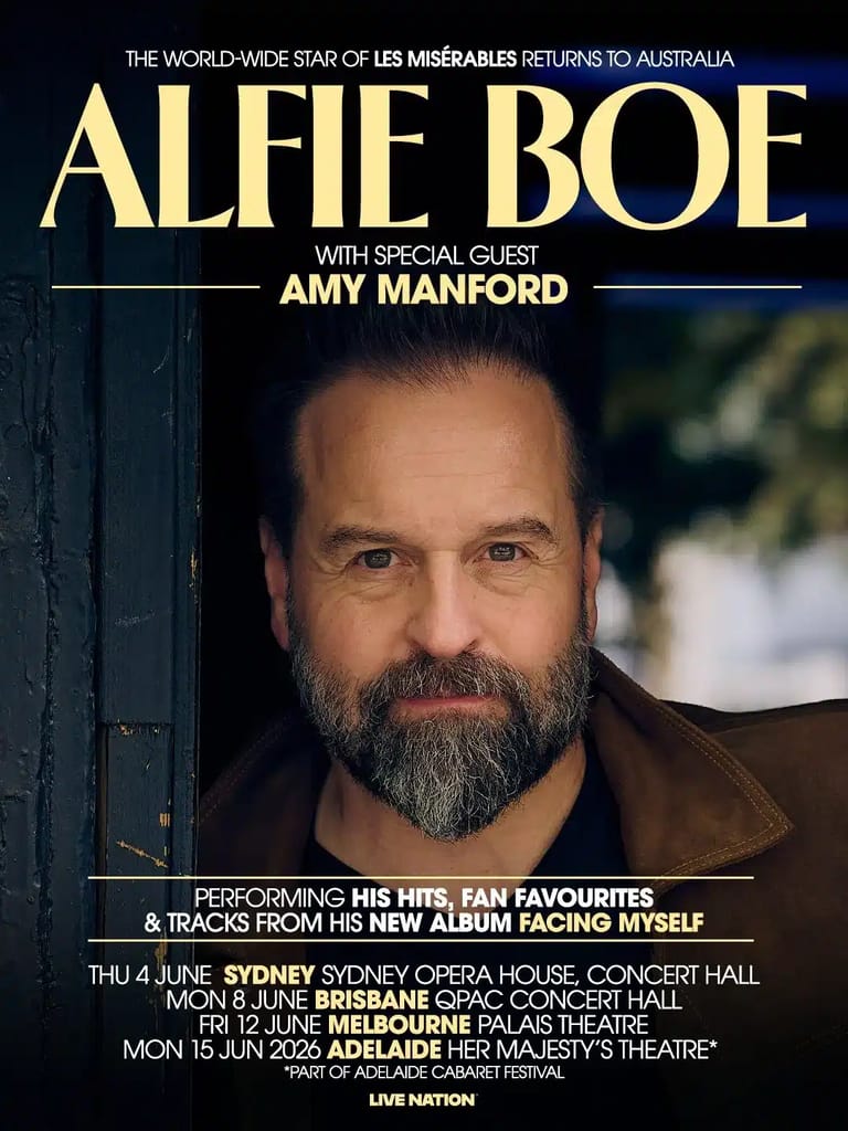 Man with dark beard in brown jacket against dark background, promotional poster for Alfie Boe's 2026 Australian tour.