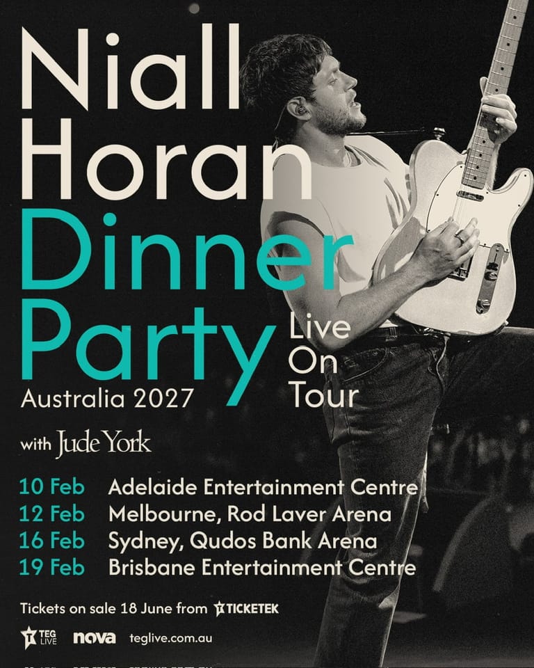 Niall Horan holds a white electric guitar in black and white profile against a tour poster for his 2027 Dinner Party Live shows across Australian cities.