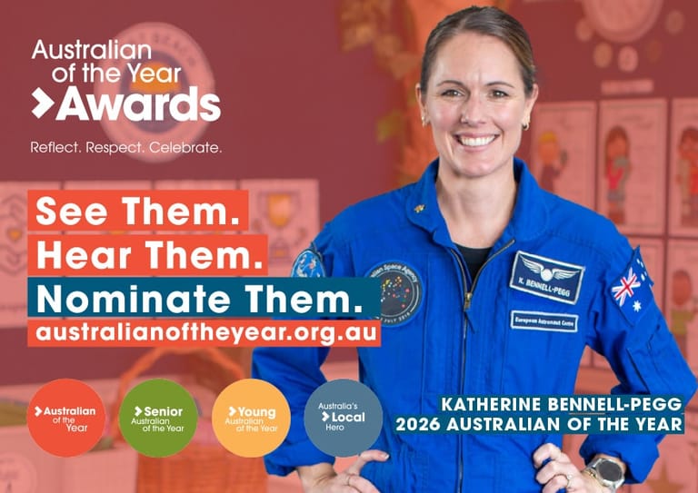 Astronaut Katherine Bennell-Pegg in blue flight suit smiles at camera during Australian of the Year Awards promotional poster.