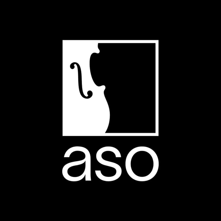 Adelaide Symphony Orchestra logo featuring stylised violin silhouette in black and white square.