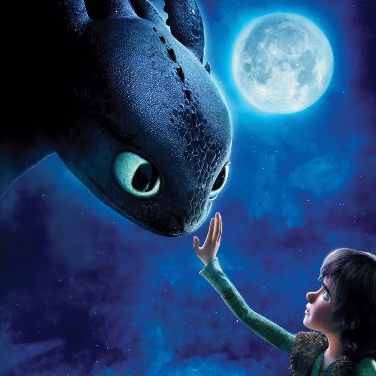 Young character reaching toward a dark dragon's face beneath a glowing blue moon.