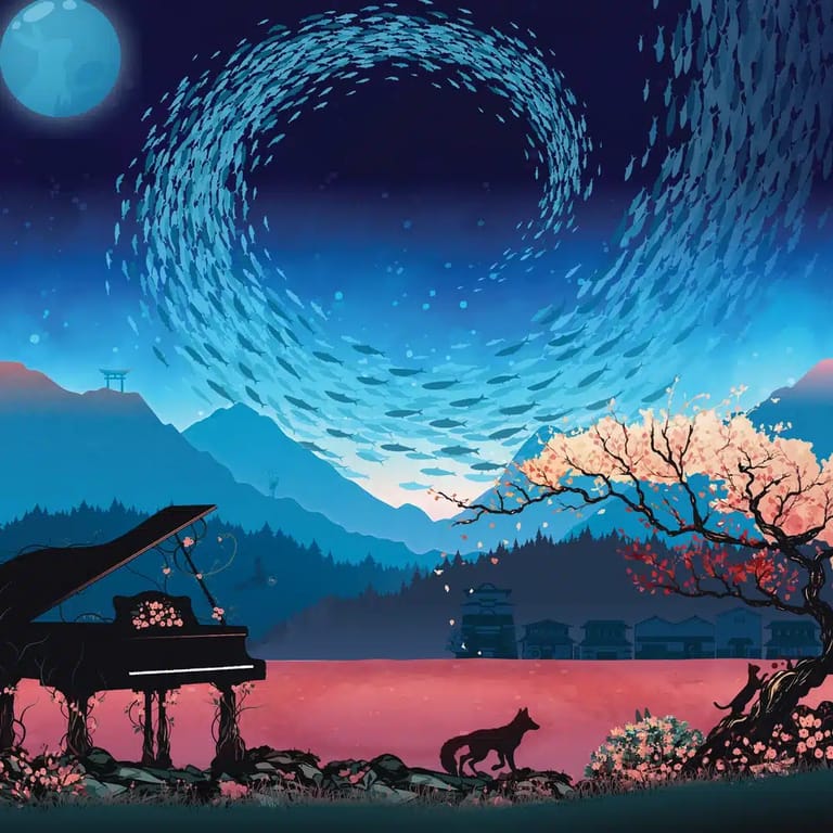 Grand piano silhouetted beside a lake with swirling sky, mountains, and cherry blossom tree in stylised landscape.