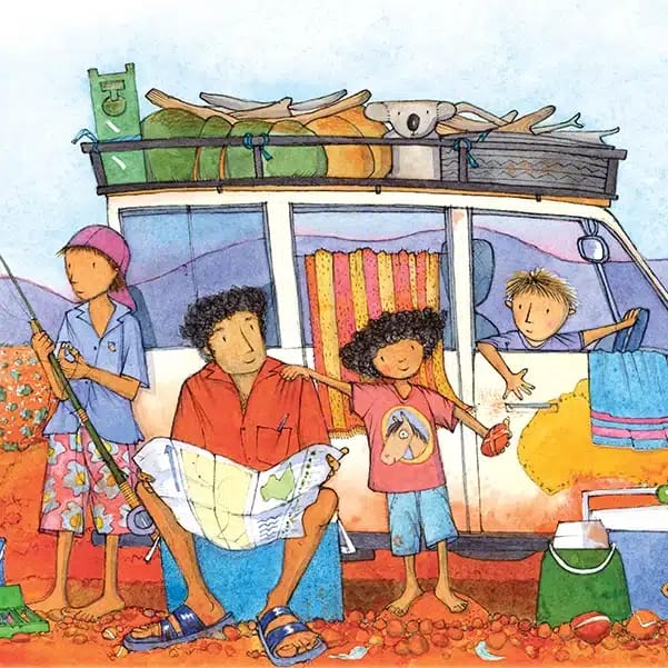 Family of four with camping gear atop vehicle, studying map during road trip adventure.