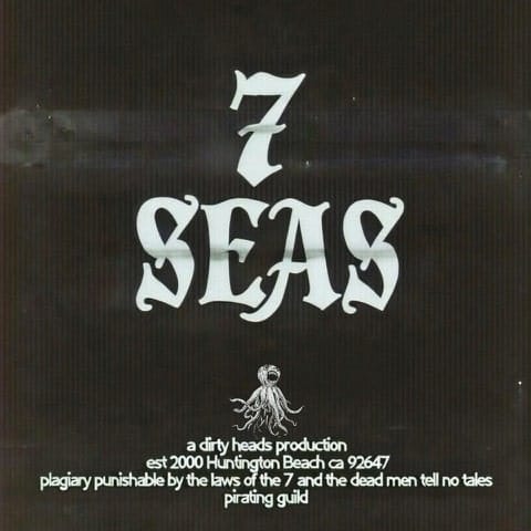 White stylised "7 SEAS" text logo with decorative emblem on dark textured background, featuring production and release details below.