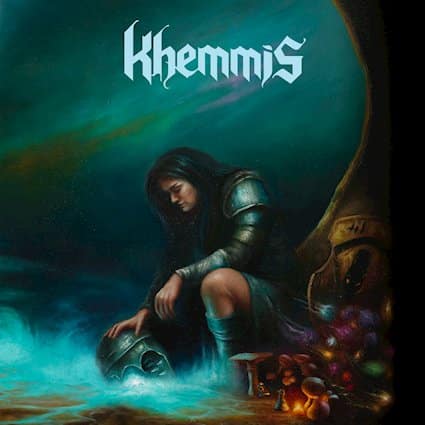 Khemmis album cover featuring a hooded figure in metallic armour against a turquoise and fiery landscape.