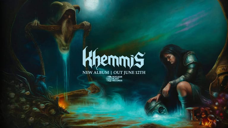 Khemmis band members bathed in cyan and amber stage lighting with album artwork text overlay.