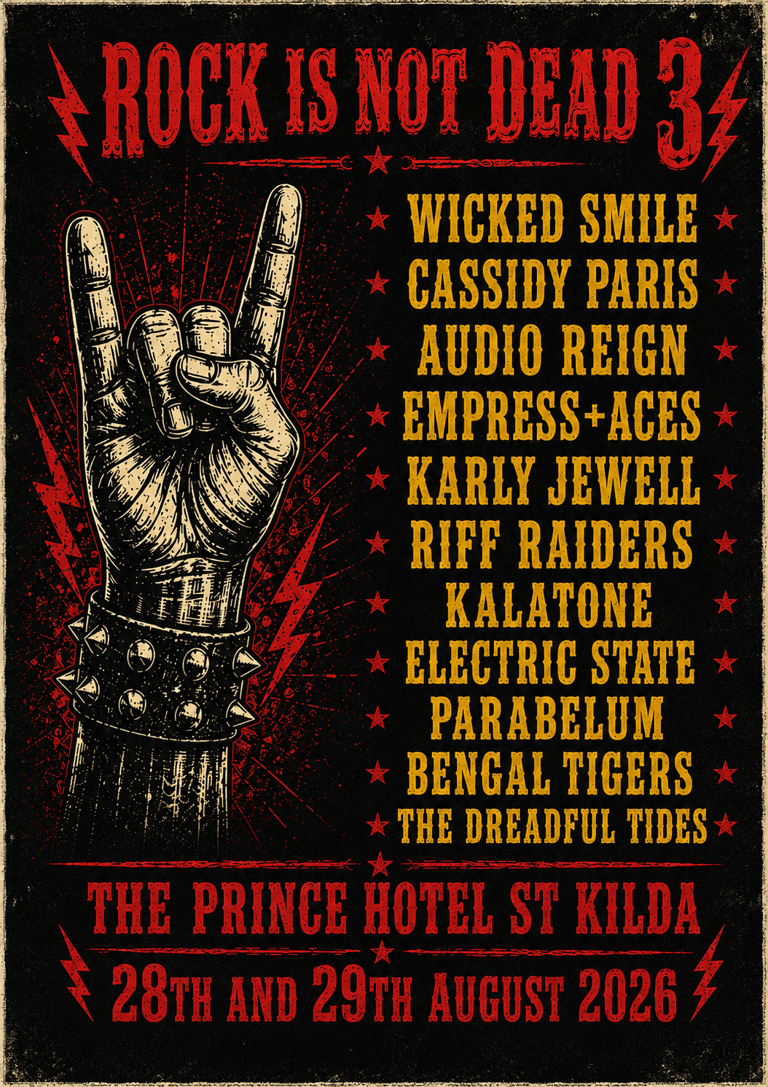 Hand flashing peace sign on "Rock Is Not Dead 3" festival poster with band names and dates.
