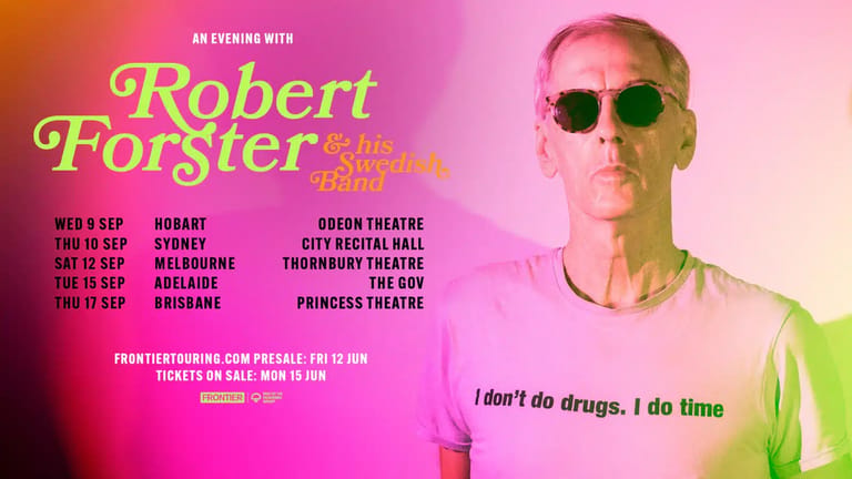 Man wearing sunglasses and neon-coloured shirt against gradient pink and yellow background promoting a theatre tour.