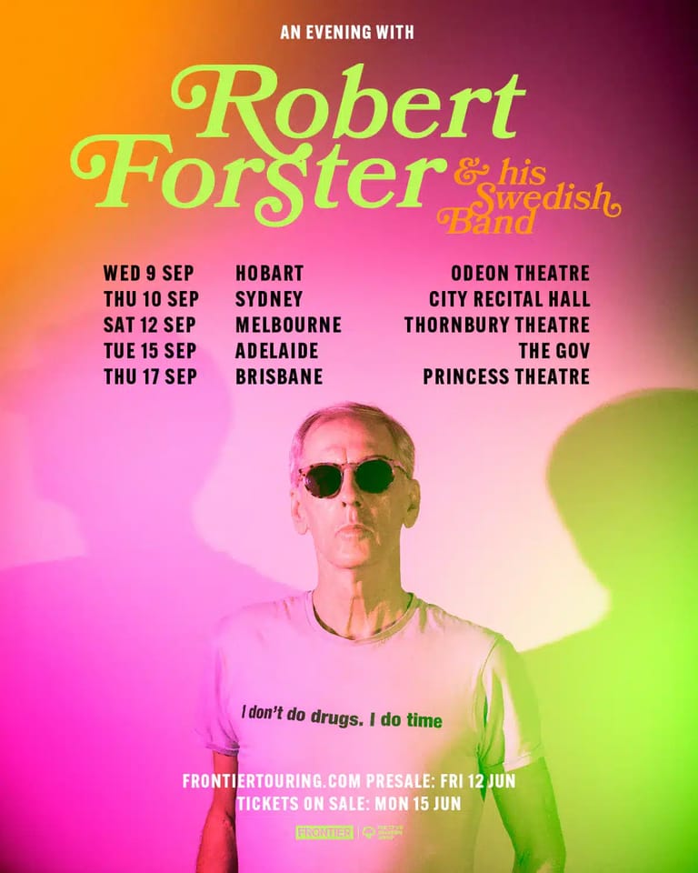 Performer wearing sunglasses and light-coloured clothing against a vibrant pink and green gradient background promoting an Australian tour.