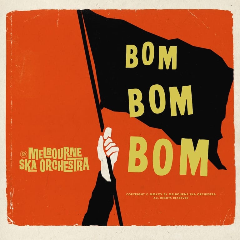 Vintage record cover featuring a silhouetted figure holding a black flag with yellow "BOM BOM BOM" text on orange background.