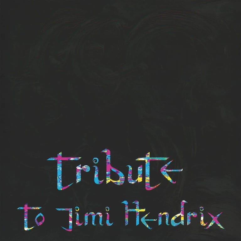 Colourful neon-style text reading "Tribute to Jimi Hendrix" against a dark background.