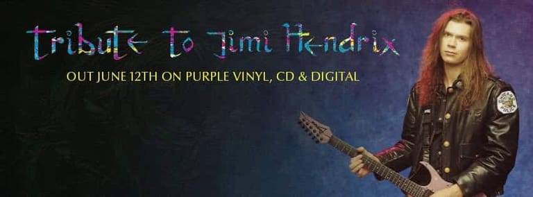 Musician with red hair playing electric guitar against purple backdrop with "Tribute to Jimi Hendrix" text.