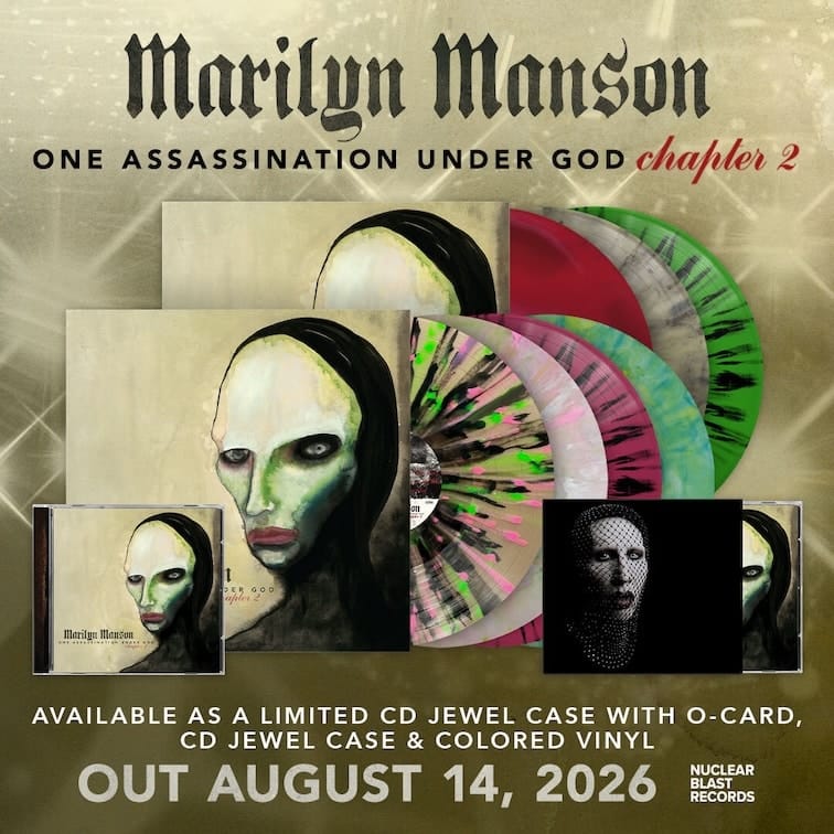 Marilyn Manson album cover for "One Assassination Under God Chapter 2" featuring stylised pale faces and multicoloured vinyl records.