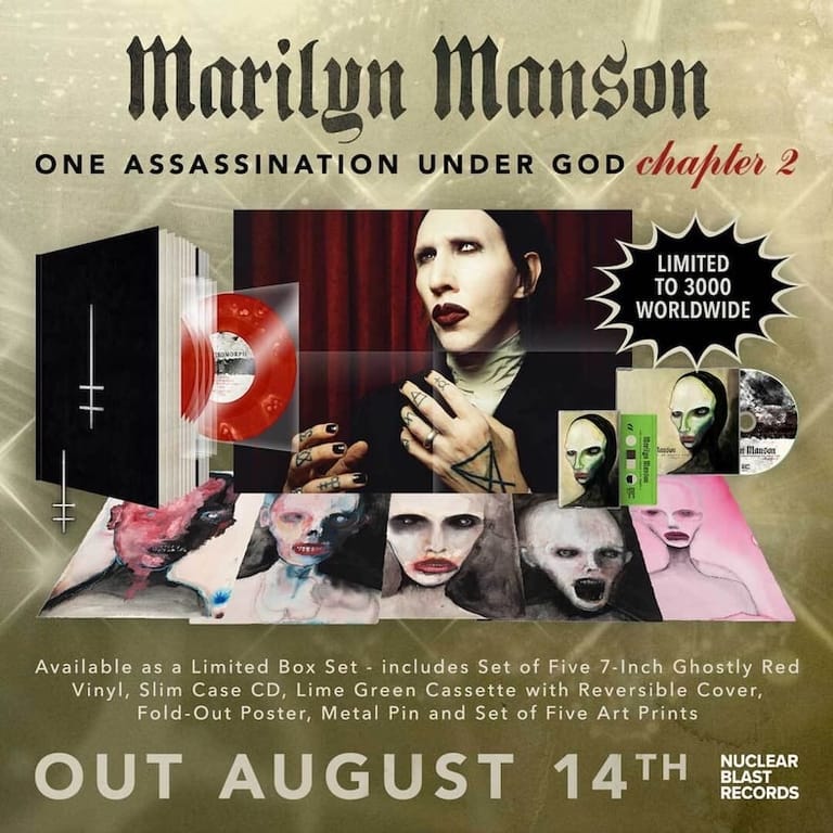 Marilyn Manson album artwork for "One Assassination Under God Chapter 2" displaying limited edition box set contents and release date.