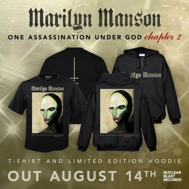 Marilyn Manson merchandise displaying black t-shirt and hoodie designs with album artwork on a promotional poster.