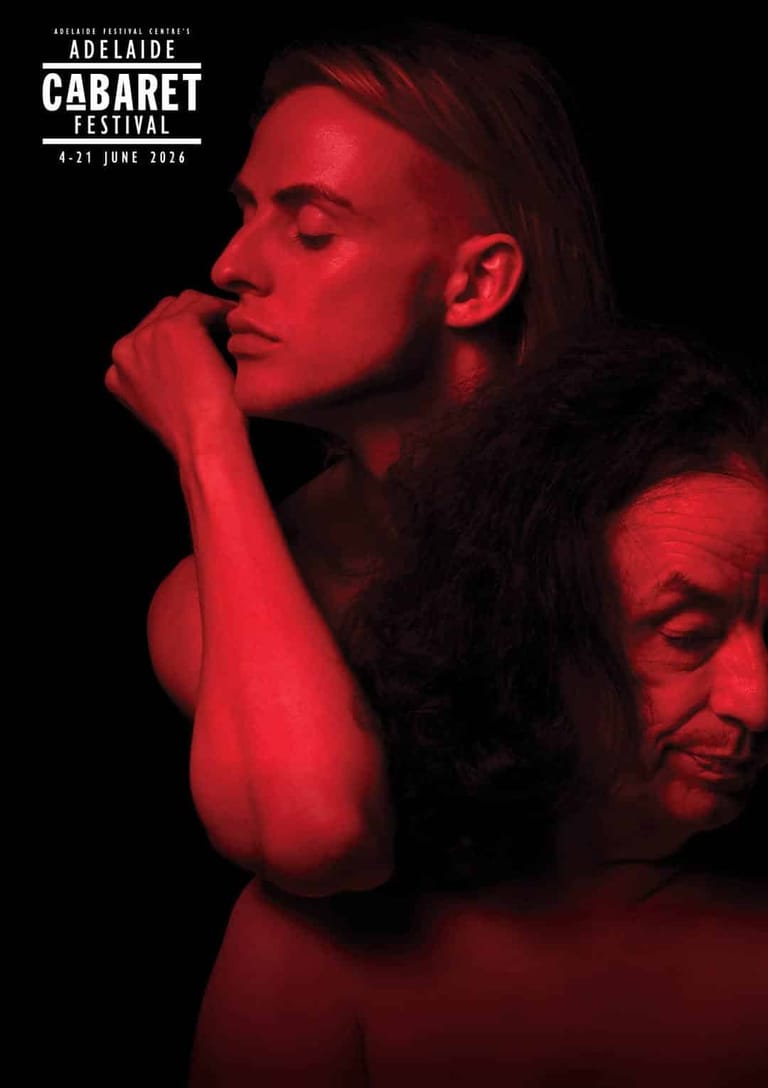 Two performers bathed in red stage lighting during Adelaide Cabaret Festival's "House of Rot: Grey Gardens" production.
