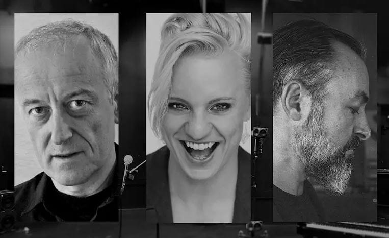 Three black-and-white portrait photographs of individuals displayed side by side against a dark background.