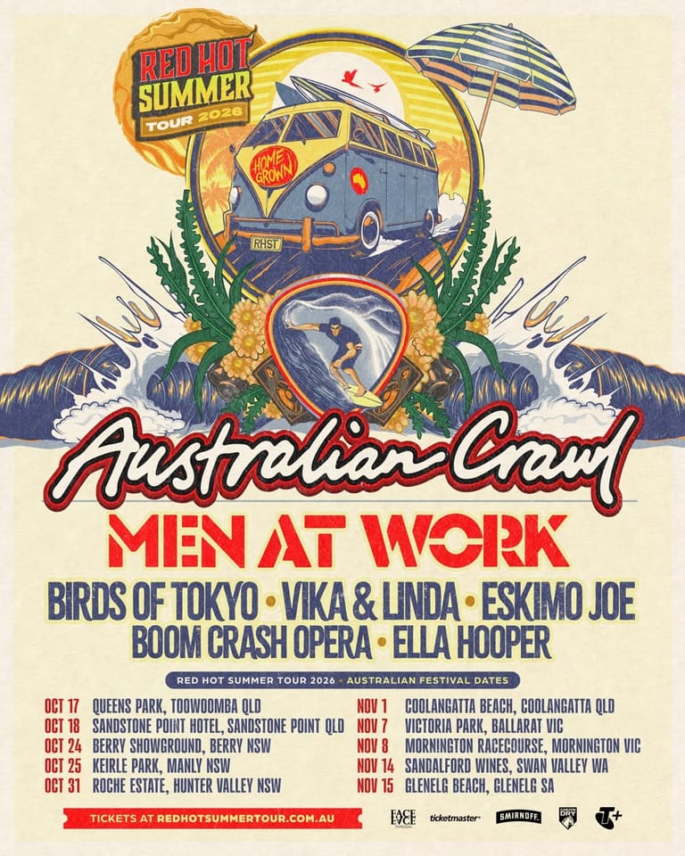Colourful tour poster for Australian Crawl's Men at Work summer festival featuring illustrated vintage van, wings, and listed performer names.