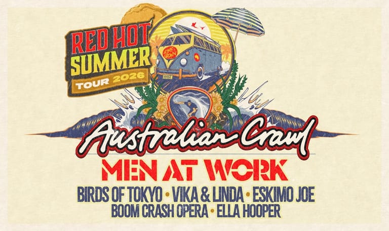 Red Hot Summer Tour poster featuring Australian Crawl and Men at Work with supporting acts listed below colourful retro artwork.