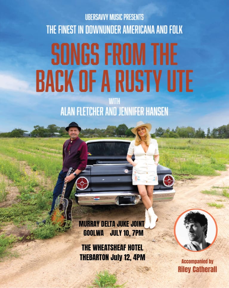 Two musicians stand beside a vintage car in a rural field landscape for a Downunder Americana and folk music event poster.