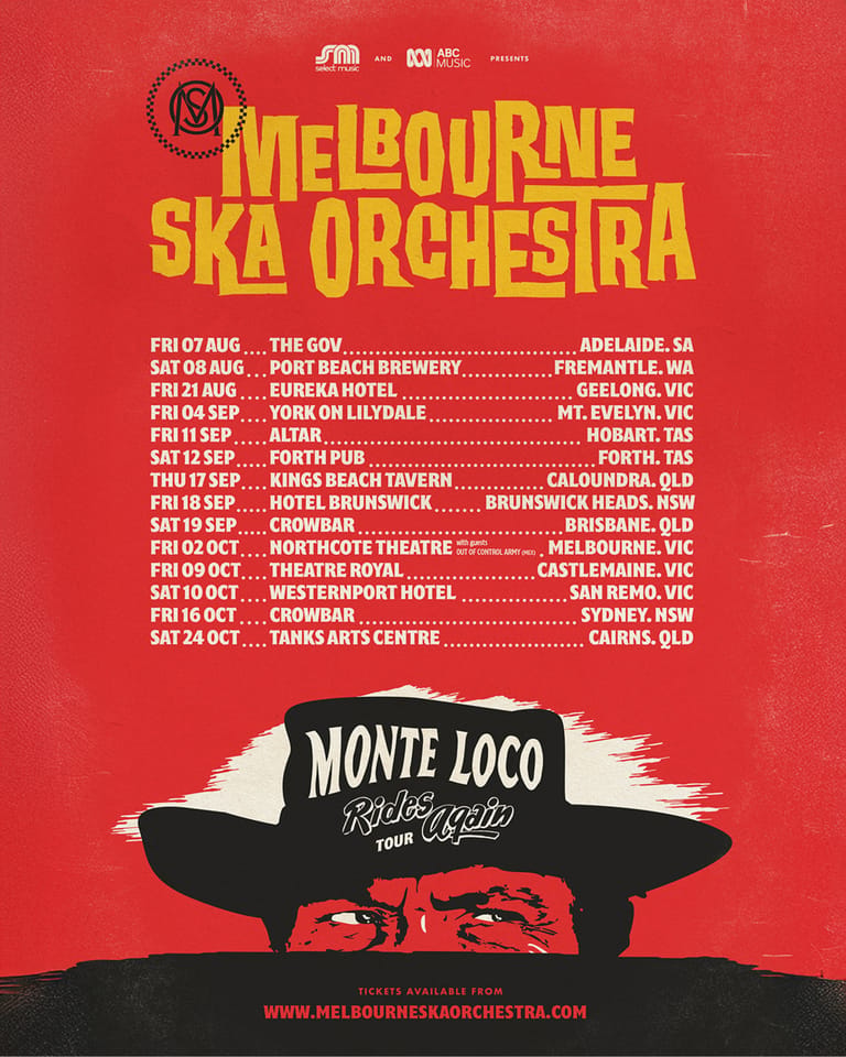 Melbourne Ska Orchestra tour poster featuring a stylised red face wearing a black hat against bright red background with venue dates listed.