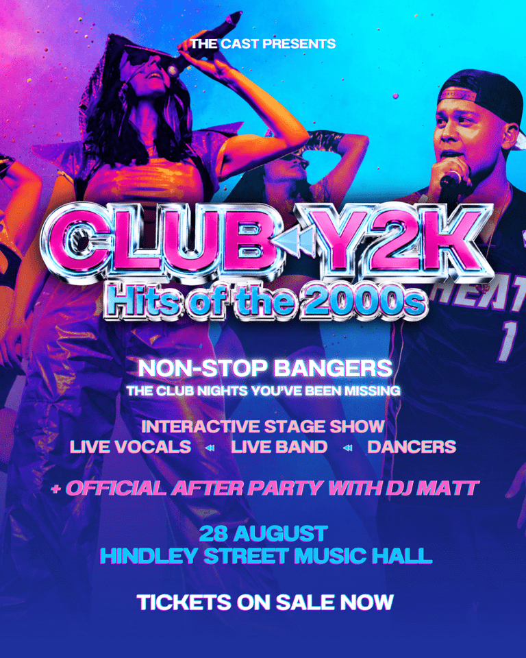 Vibrant promotional poster for Club Y2K hits of the 2000s show featuring performers in neon-lit colours against blue and magenta gradient background.